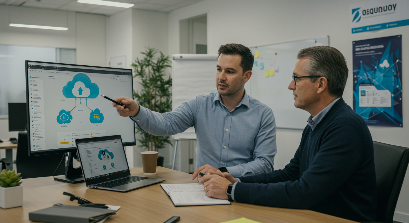 Business owner accessing cloud services from multiple devices in Auckland office