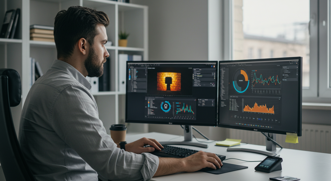 Cybersecurity expert analyzing firewall and threat protection features