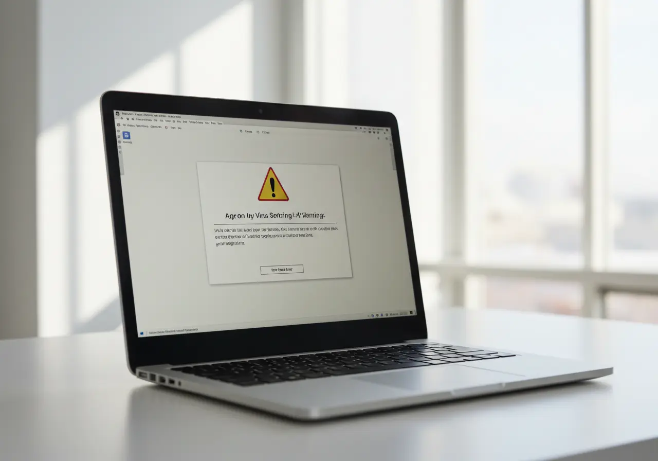 Pop-up virus warning message on a Windows laptop